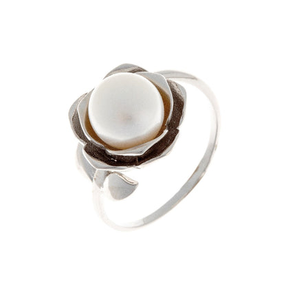 Sterling Silver Rhodium Plated Pearl Flower Ring