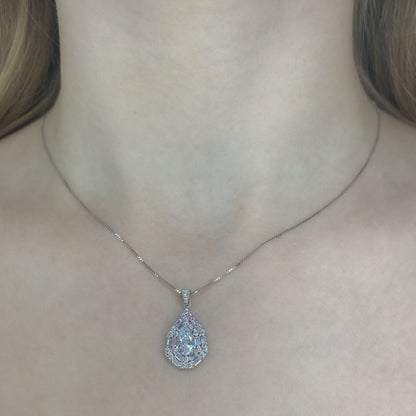 Sterling Silver Rhodium Plated Teardrop CZ Necklace