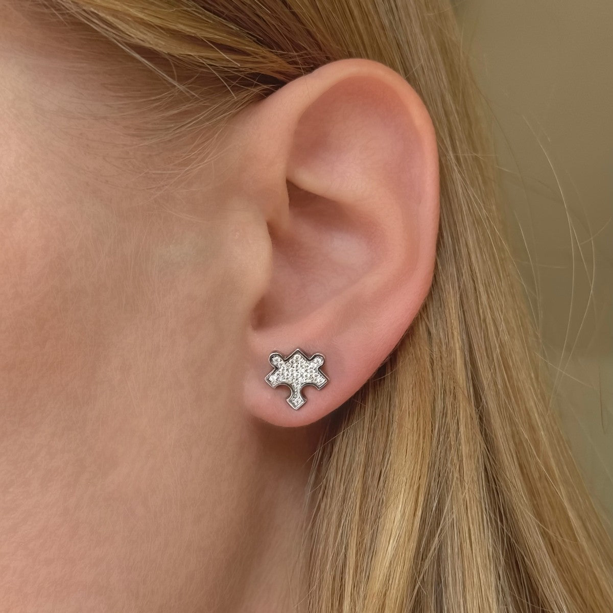 Sterling Silver Rhodium Plated CZ Puzzle Studs