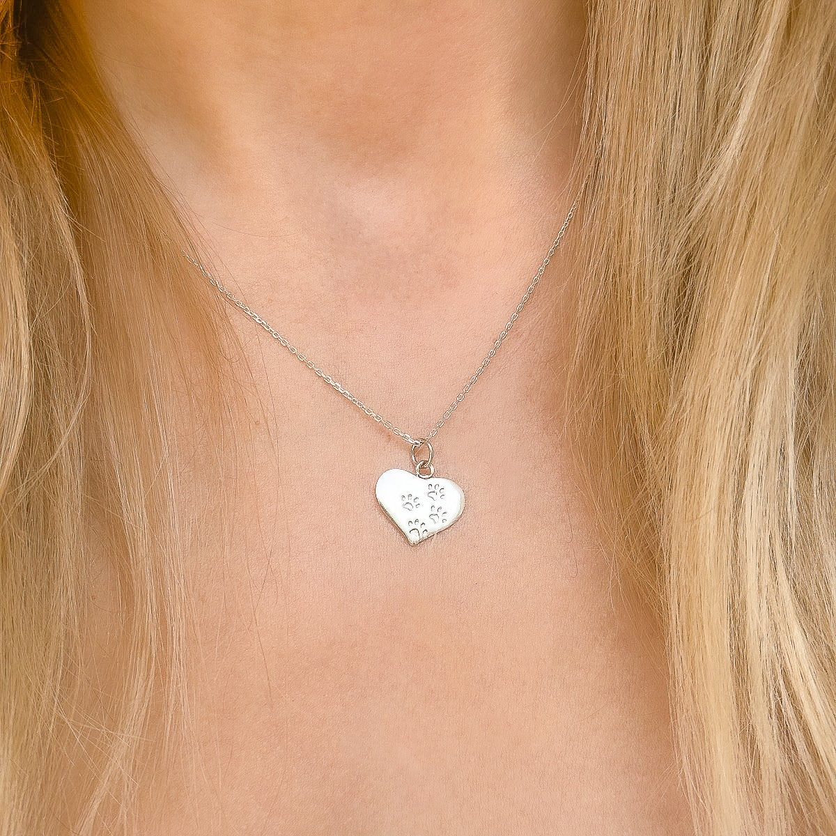 Sterling Silver Four Paw Printed Heart Pendant Necklace