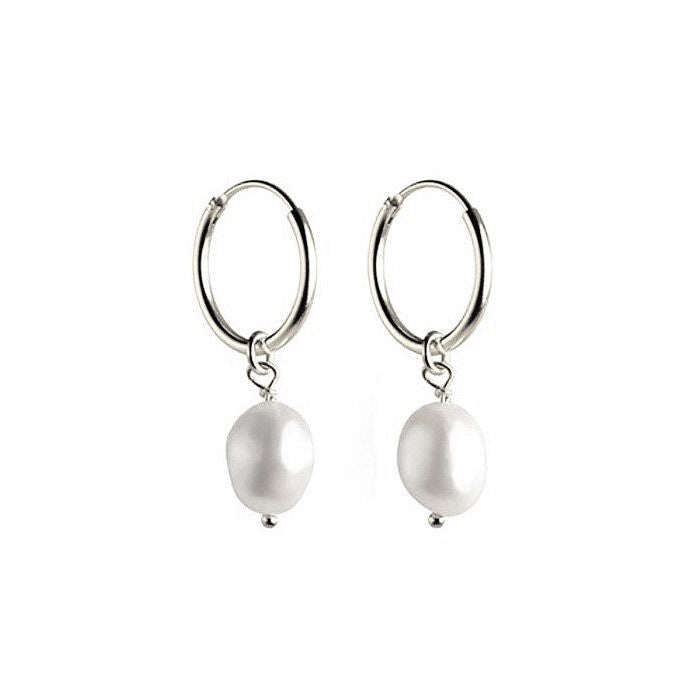 Sterling Silver Rhodium Plated Hoops with Pearl Charms