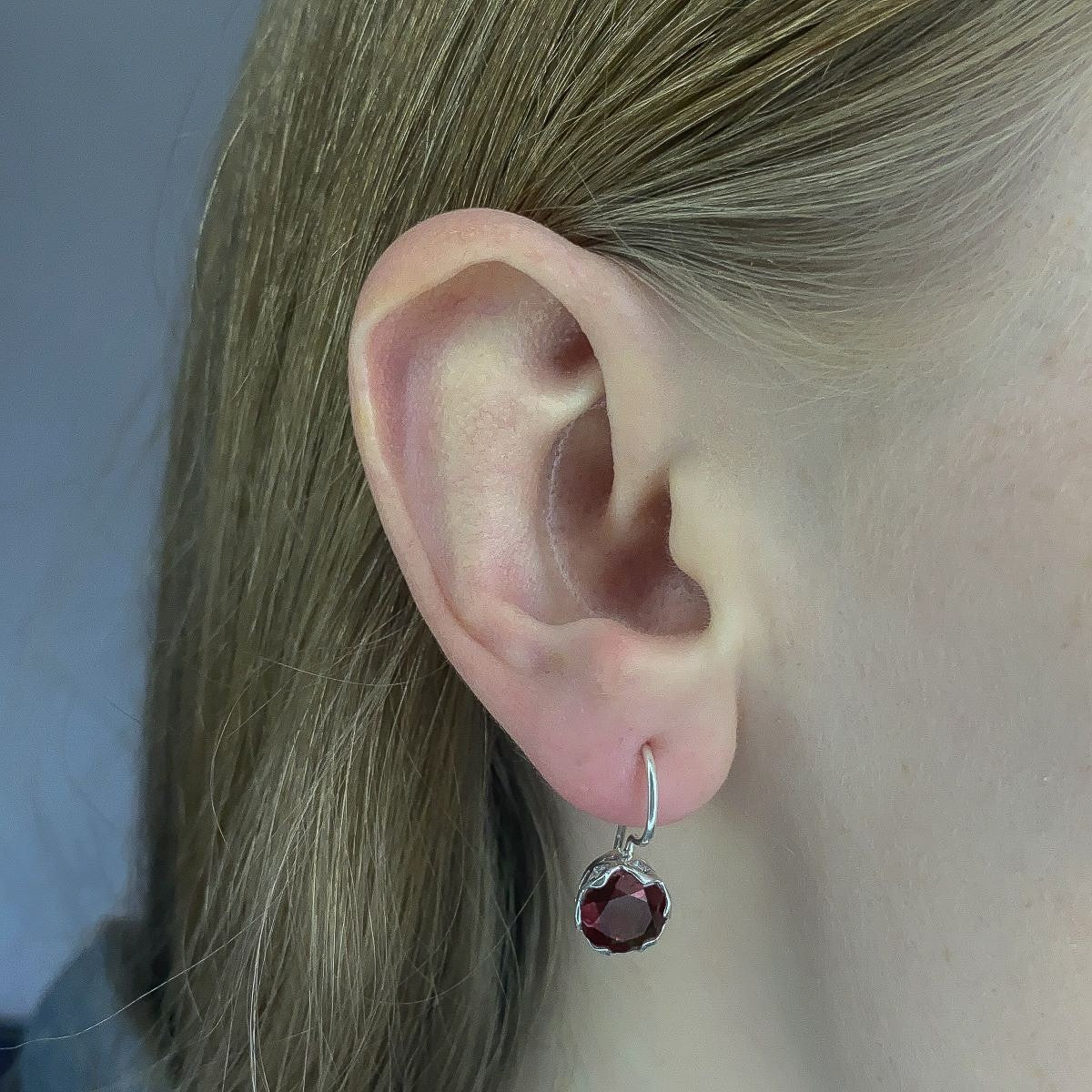 Sterling Silver Round Garnet Drop Earrings