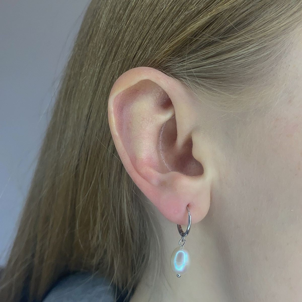 Sterling Silver Rhodium Plated Hoops with Pearl Charms