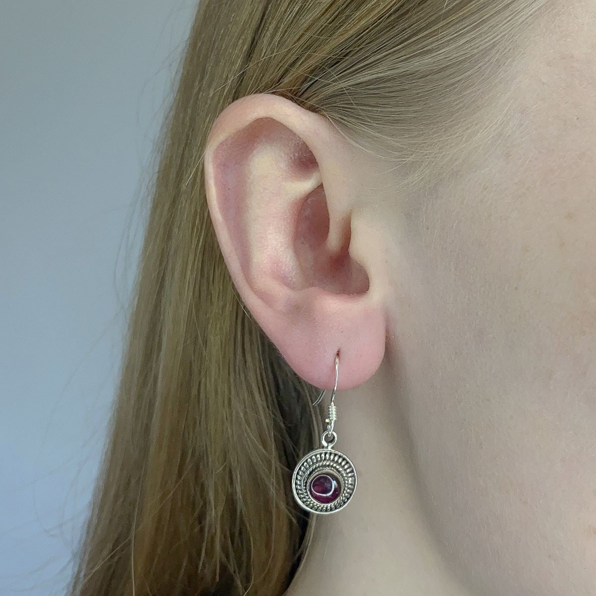 Sterling Silver Round Garnet Drop Earrings