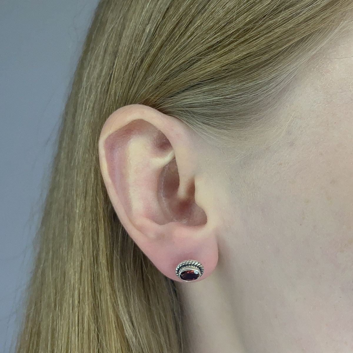 Sterling Silver Oval Garnet Studs