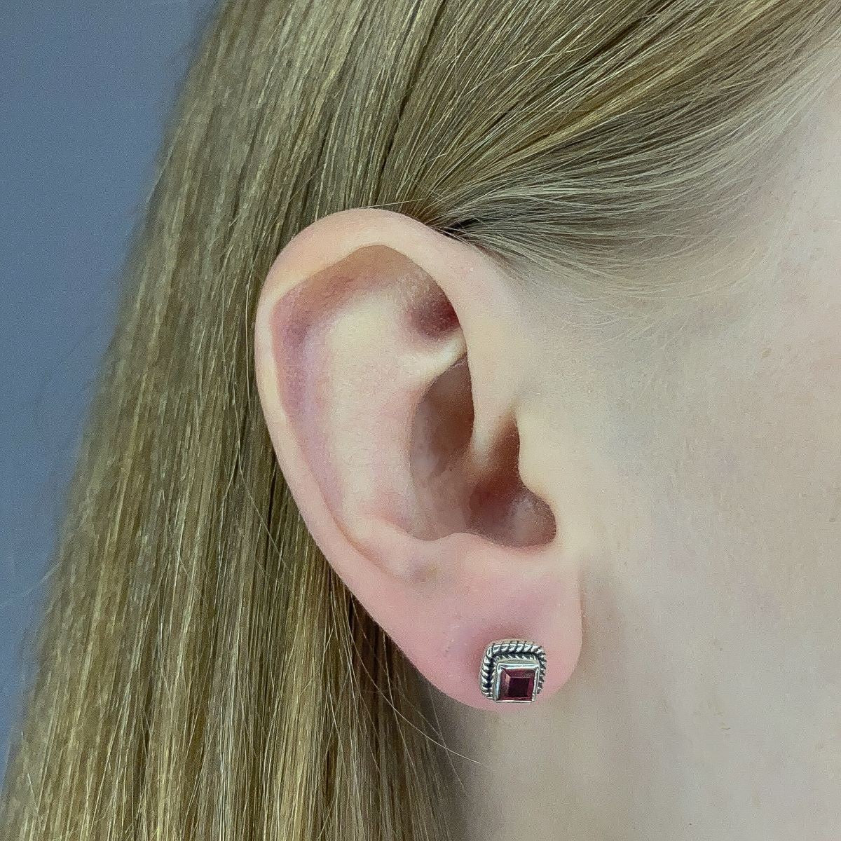 Sterling Silver Square Garnet Studs