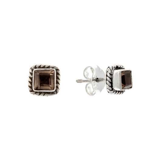 Sterling Silver Square Smokey Quartz Studs