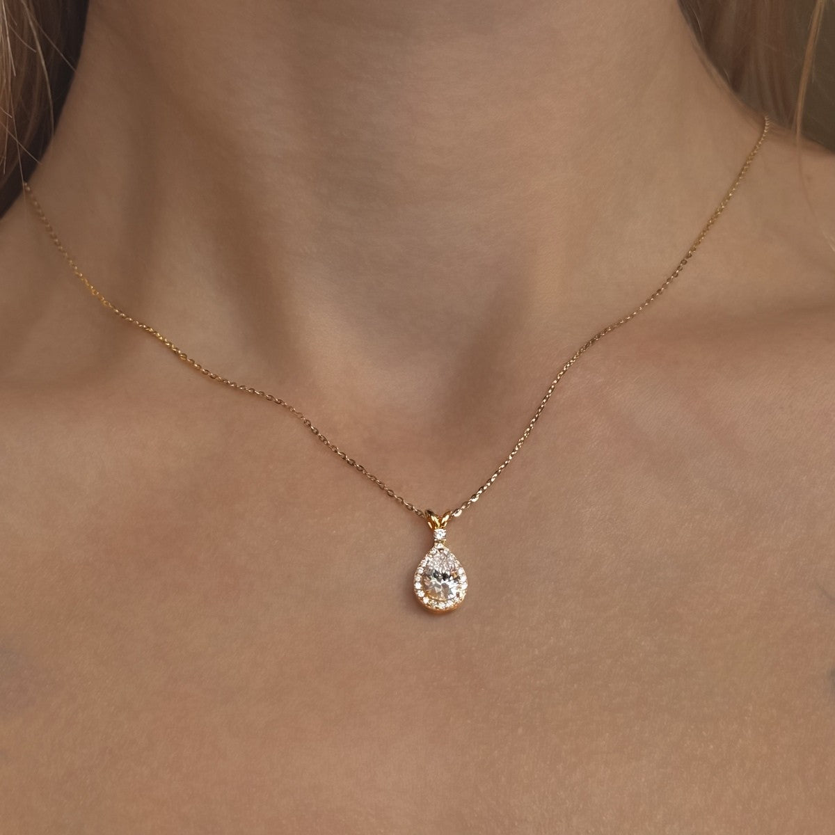 Sterling Silver Gold Plated CZ Teardrop Necklace