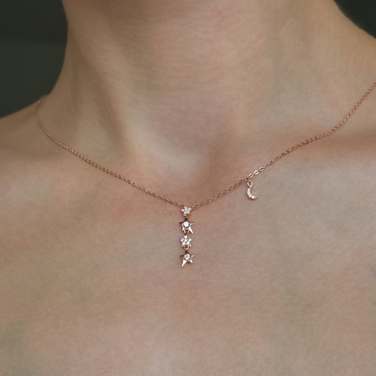 Sterling Silver Rose Gold Plated CZ Stars Necklace