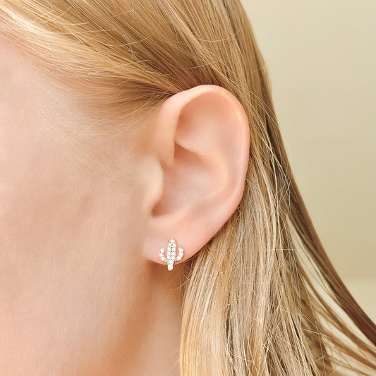 Sterling Silver Rose Gold Plated CZ Cactus Studs