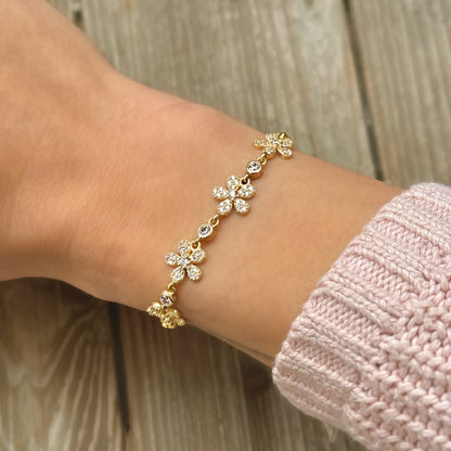 Sterling Silver Gold Plated CZ Flower Bracelet