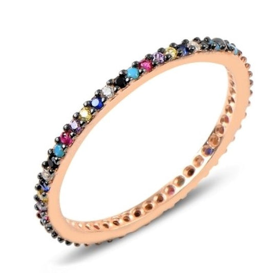 Silver Rose Gold Plated 1 mm CZ Band Ring