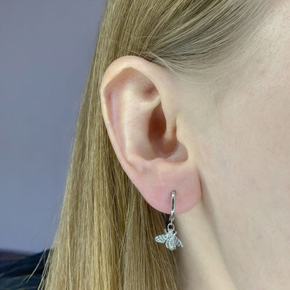 Sterling Silver Rhodium Plated Hoops with Bee Charms