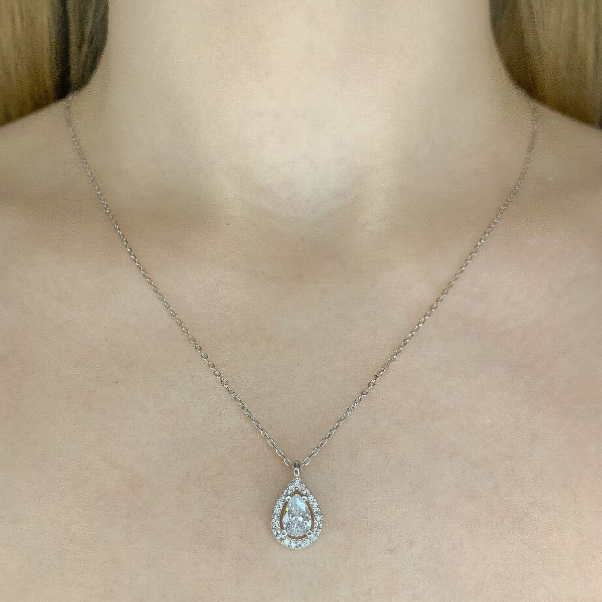 Sterling Silver Rhodium Plated Teardrop CZ Necklace