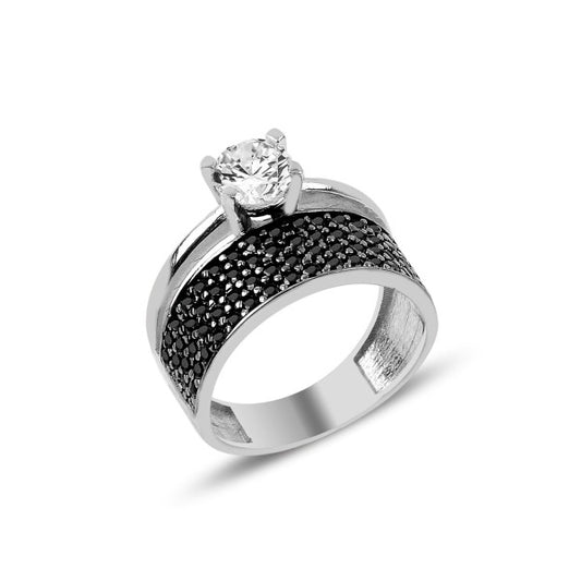 Sterling Silver Rhodium Plated Four Row CZ Band Ring