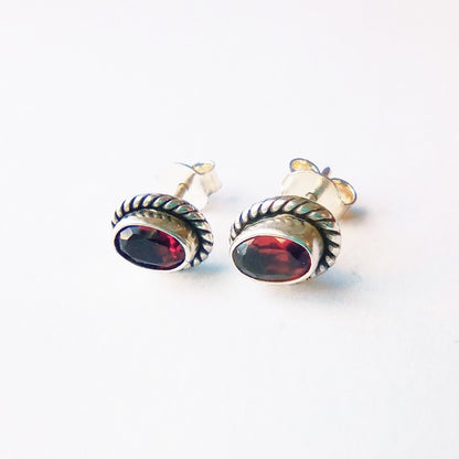 Sterling Silver Oval Garnet Studs