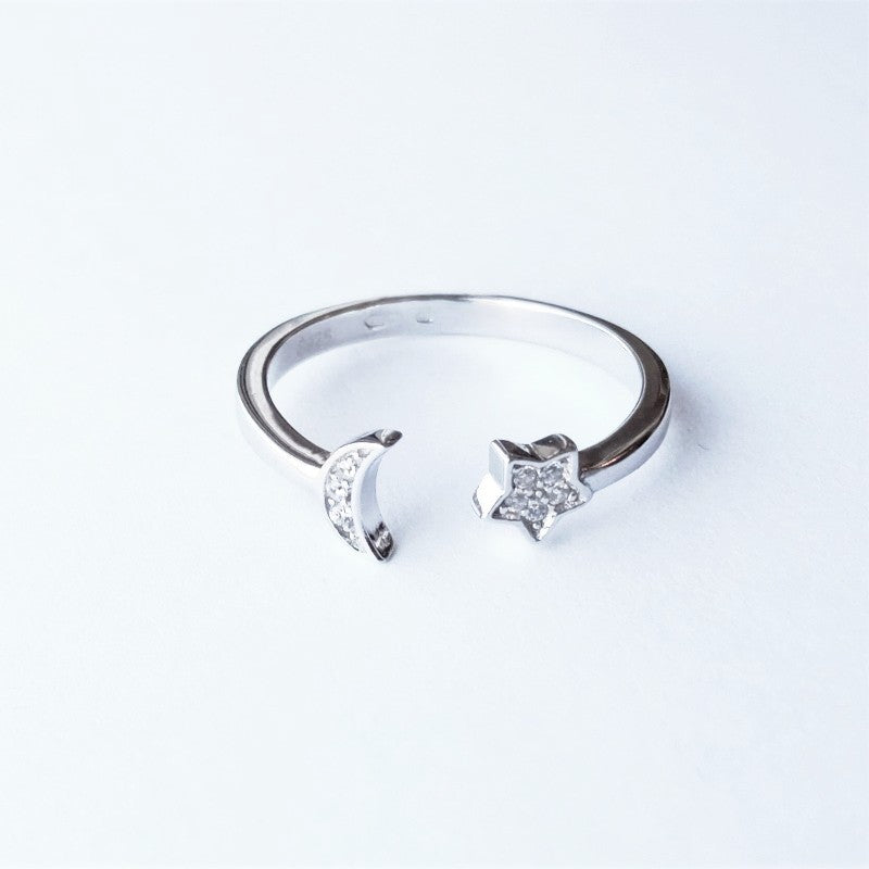 Sterling Silver Rhodium Plated CZ Moon & Star Ring