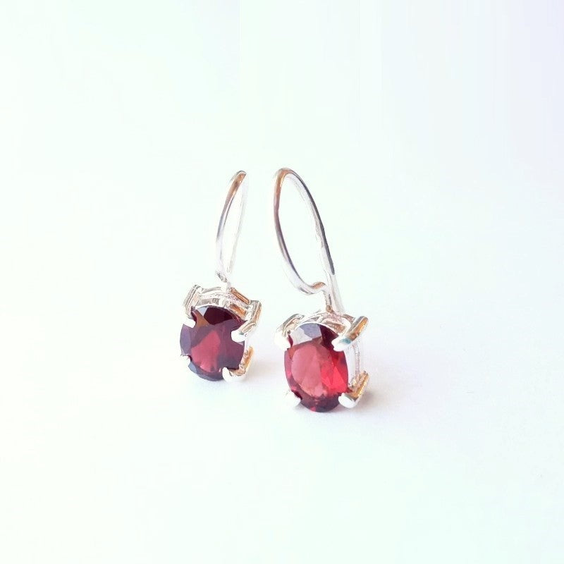 Sterling Silver Oval Garnet Drop Earrings