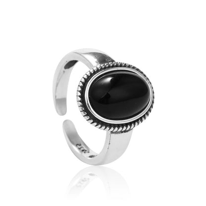 Sterling Silver Rhodium Plated Black Agate Ring