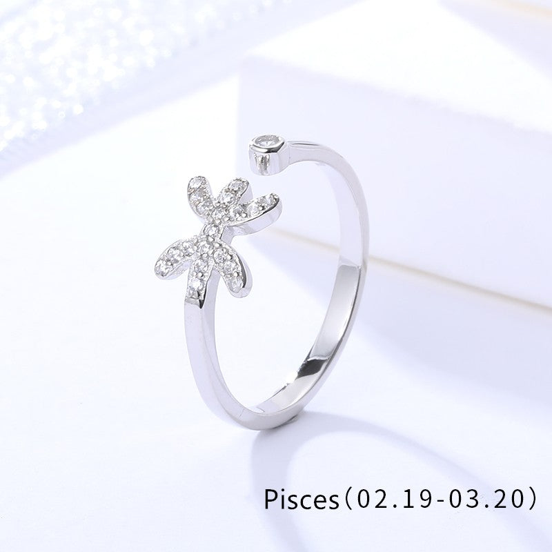 Sterling Silver Rhodium Plated CZ Zodiac Sign Ring