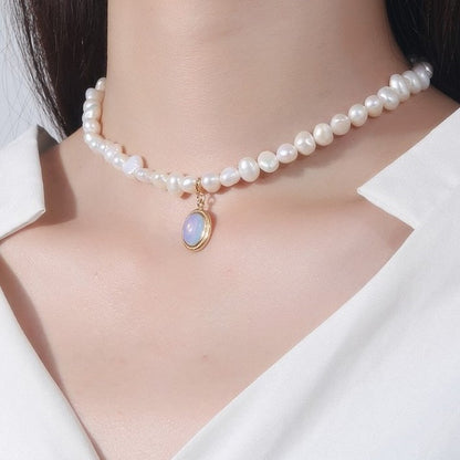 Moonstone Pendant Freshwater Pearl Necklace