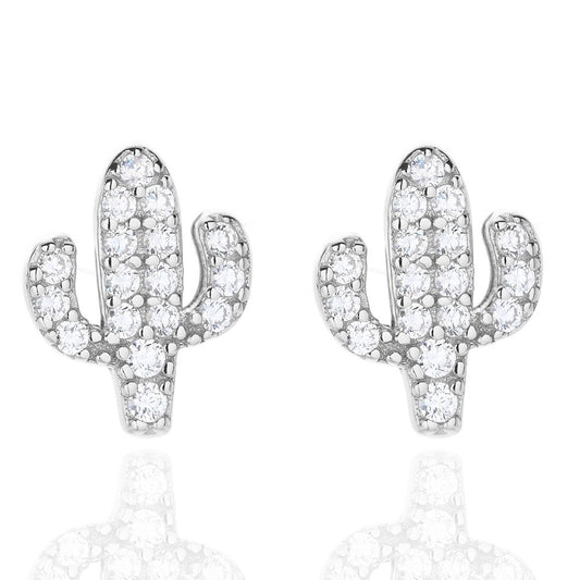 Sterling Silver Rhodium Plated CZ Cactus Studs