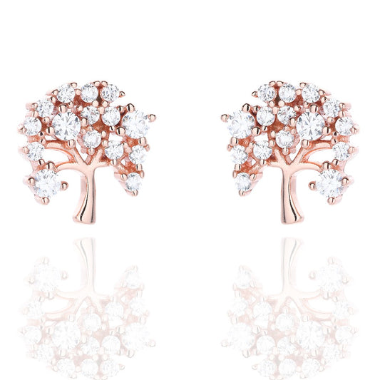 Sterling Silver Rose Gold Plated CZ Tree Studs