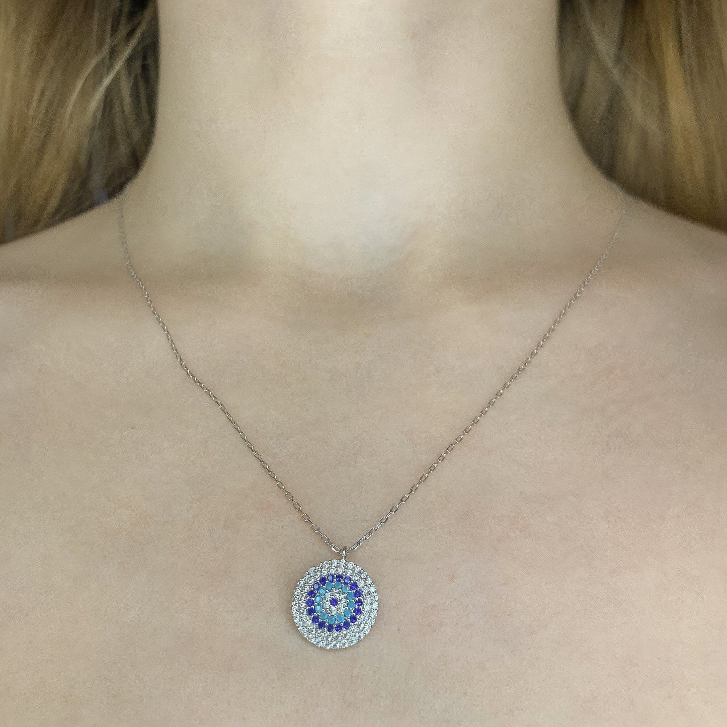 Sterling Silver Rhodium Plated Evil Eye Necklace