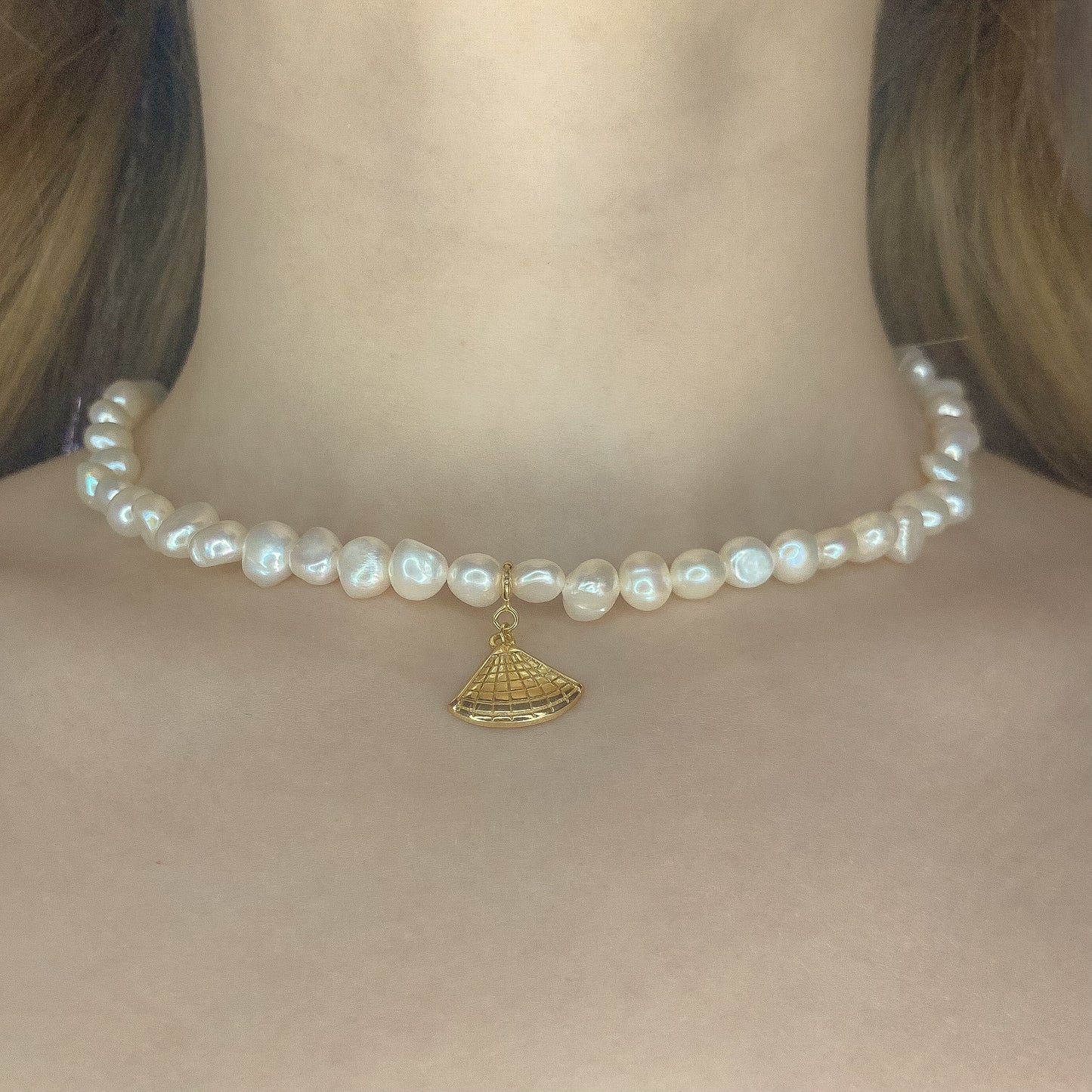 Sterling Silver Gold Plated Seashell Pearl Necklace