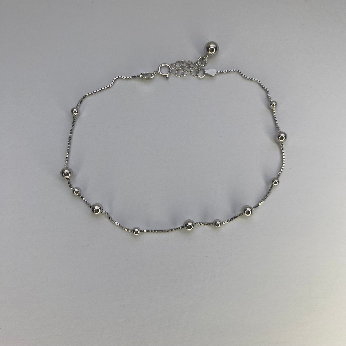 Sterling Silver Rhodium Plated Beaded Chain Anklet