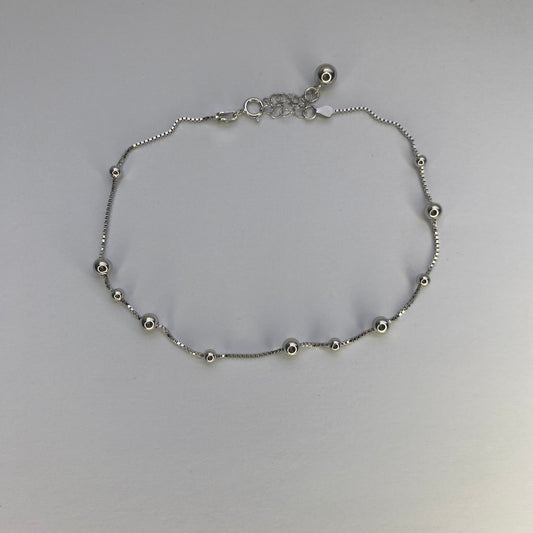 Sterling Silver Rhodium Plated Beaded Chain Anklet